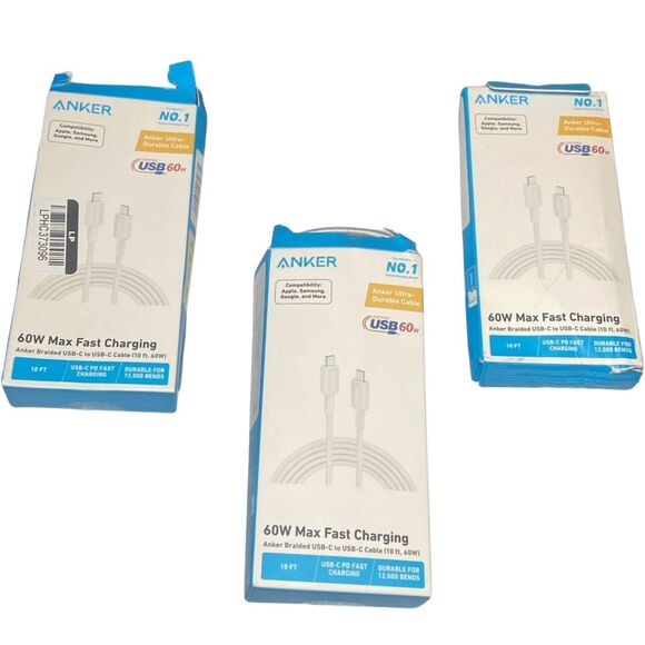 Anker 10ft 60W USB-C to USB-C Fast Charging Cable Braided White Open Box Lot 3 - Picture 1 of 8